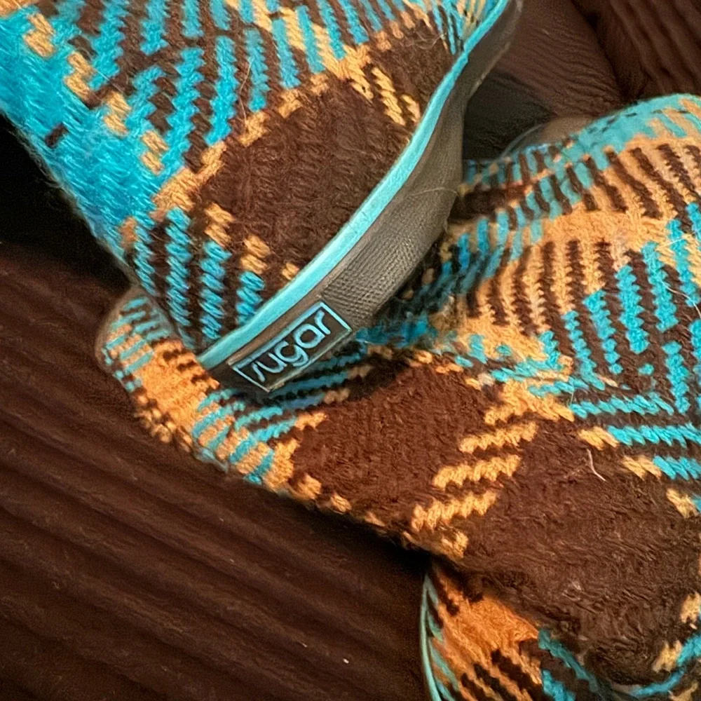 Turquoise brown plaid rain boots by sugar size 10